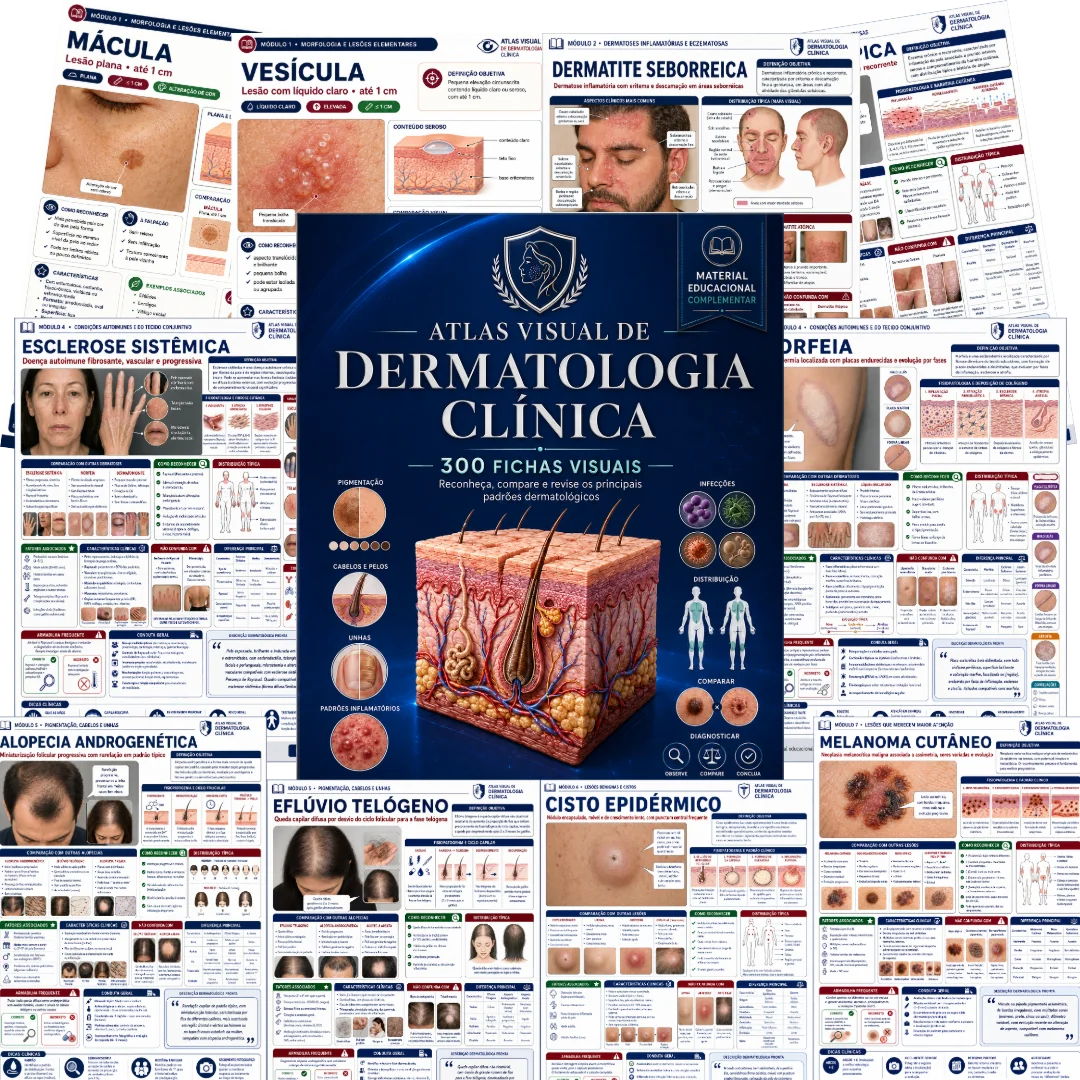 Mockup do Atlas Visual de Dermatologia Clínica com fichas visuais e capa do produto